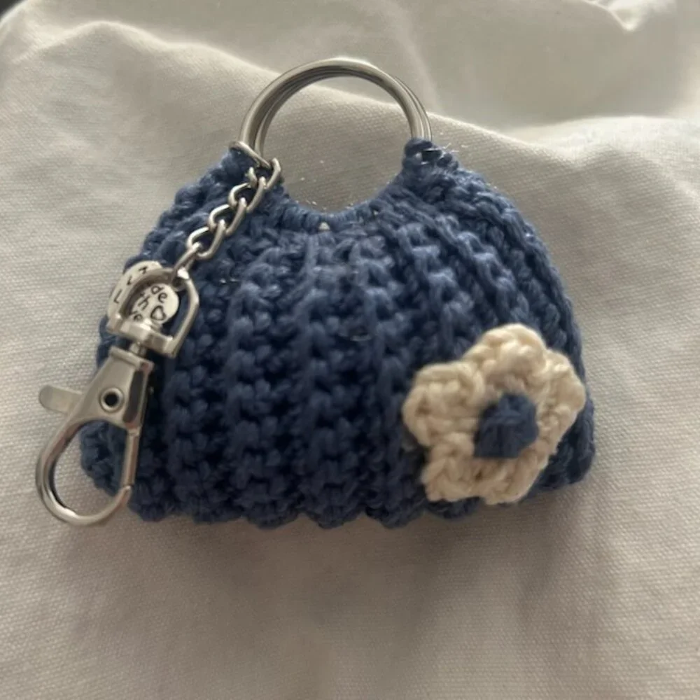 Handmade Crochet Mini Purse Keychain - Denim Blue with White Flower